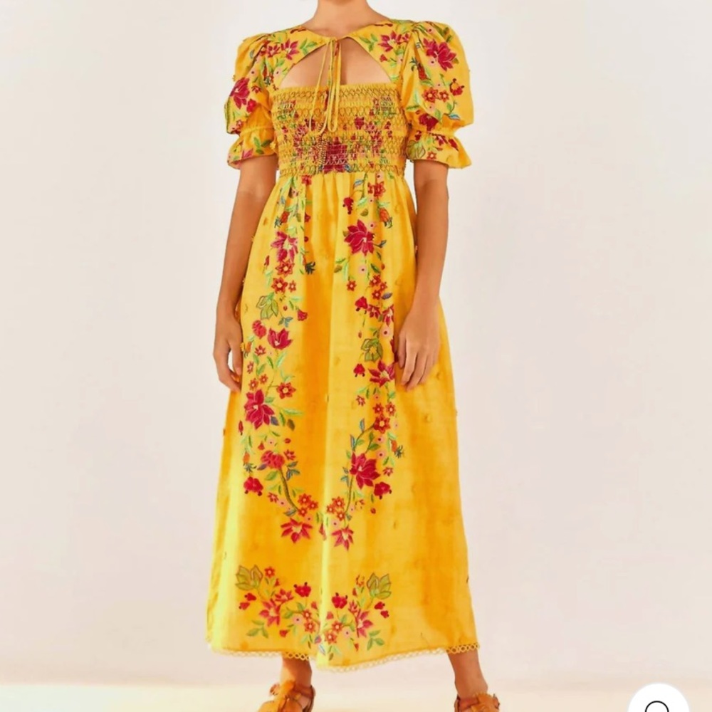 NWT FARM RIO Flower Dream Yellow Floral Smocked Puff-sleeve Maxi Dress Medium